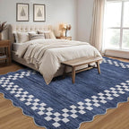 GarveeHome 10x13 Area Rug Large Living Room Scalloped Rug Non Slip Low Pile Bedroom Throw Carpet Soft Modern Bordered Dining Room Rug Stain Resistant Boho Carpet for Home Office, Blue