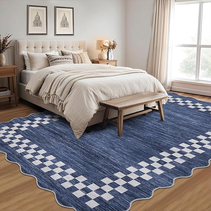 GarveeHome 4x6 Area Rug Small Washable Living Room Rug Scalloped Rug with Rubber Backing Stain Resistant Low Pile Dining Room Throw Carpet Modern Bordered Mat for Bedroom Kitchen, Blue