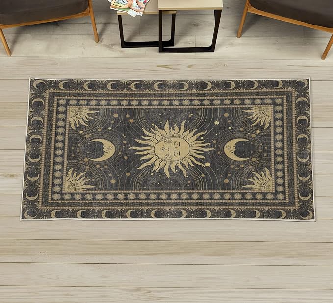 Ambesonne Sun and Moon Decorative Rug, Bohemian Art Design of Crescent Solar Ornament Esoteric Stars, Quality Carpet for Bedroom Dorm and Living Room, 2' 2" x 3' 7", Charcoal Grey Sand Brown