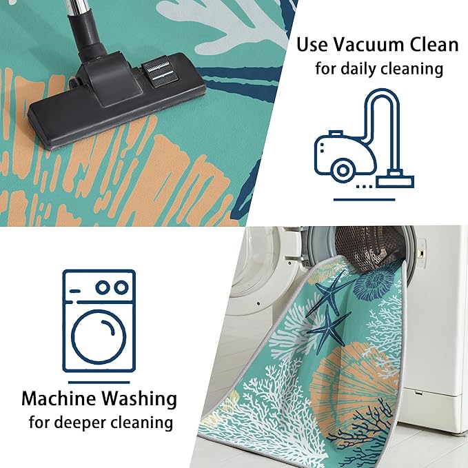 Tritard Coastal Area Rug 2x3 - Small Machine Washable Foldable Throw Rugs Non-Slip Beach Ocean Entryway Doormat Indoor Entrance Carpet for Kitchen Bathroom Laundry Bedroom Living Room, Teal