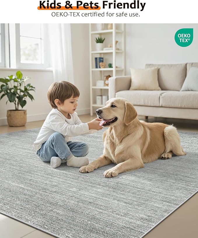Art&Tuft Washable Rugs 5x7, Low Pile Area Rugs for Living Room - Non Slip and Stain Resistant Soft Thin 5x7 Rug for Bedroom, Dining Room, Kitchen, Office, Grey