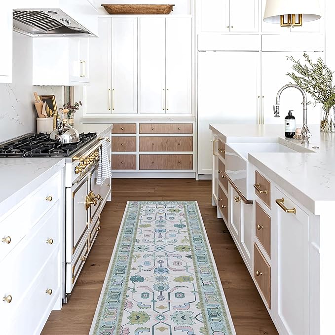 Fame Living Cream Green Oushak Runner Rug, Modern Runners, Turkish, Eclectic, Floral, Pastel, Washable, Long Runner Rugs for Hallway, Kitchen, Living Room, Bedroom, Kitchen, Bathroom, 2'5"x13'