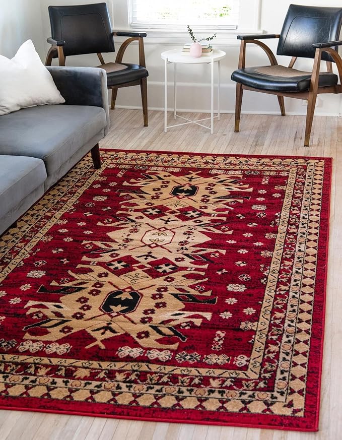Unique Loom Taftan Collection Border Geometric Tribal Inspired Design Area Rug (7' 0 x 10' 0 Rectangular, Red/ Gold)