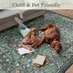Green Floral 5x7 Area Rugs for Living Room Large Washable Rug Vintage Forest Low Pile Non Slip Stain Resistance Soft Carpet for Dining Room, Bedroom, Office Rug, Kids Room, Nursery Room, Playroom