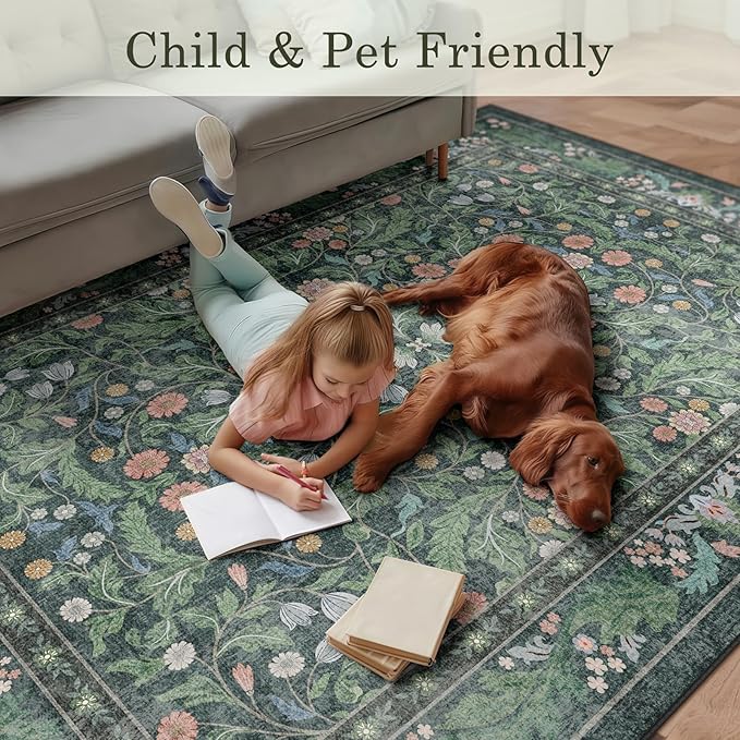 Green Floral 5x7 Area Rugs for Living Room Large Washable Rug Vintage Forest Low Pile Non Slip Stain Resistance Soft Carpet for Dining Room, Bedroom, Office Rug, Kids Room, Nursery Room, Playroom