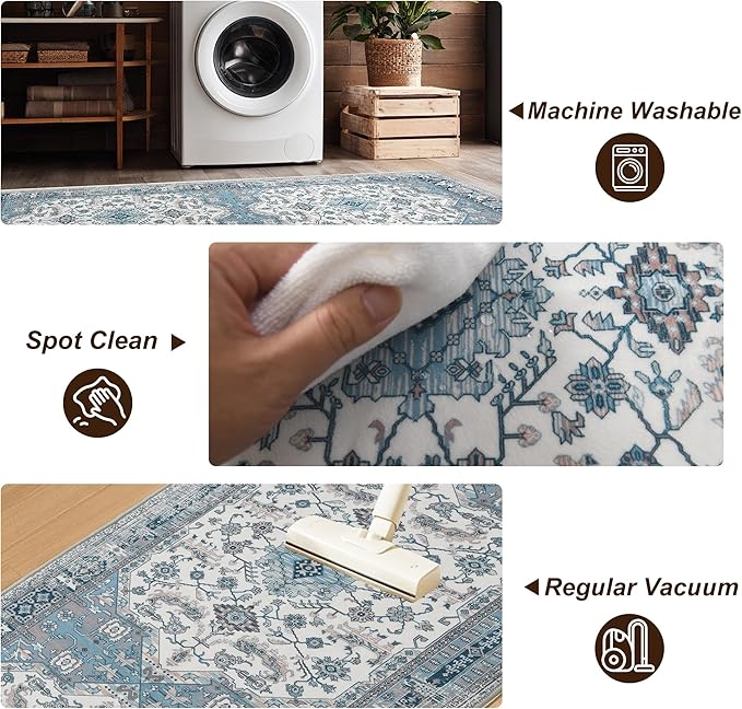 XWZO Washable Hallway Runner Rug 2x8ft — Non-Slip Low Pile Area Rug with Rubber Backing, Spill Resistant Soft Vintage Floor Carpet Runner for Kitchen Entryway Doorway Bedroom Corridor, Blue