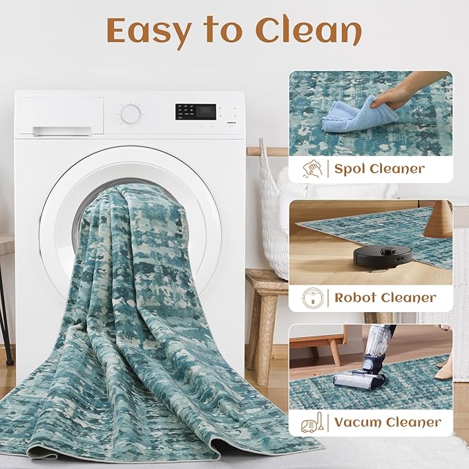 5x7 Abstract Area Rugs for Living Room, Modern Teal Blue Washable Indoor Rug for Bedroom, Thin Soft Large Non-Slip Carpet for Dining Room Home Office Farmhouse Decor