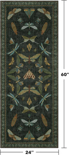 Dark Green Insect 2x5 Bathroom Runner Rug - Washable Non Slip Runners for Kitchen, Laundry Room, Front Door Mat Entrance, Nature Floral Indoor Floor Décor, Thin Low Pile with Rubber Backed