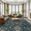 Large 10x14 Area Rugs, Washable Non Slip Big Rug for Living Room Bedroom, Distressed Medallion Vintage Big Carpet Rugs for Dinig Room Family Rooms, Low Pile Thin, Deep Blue/Multi
