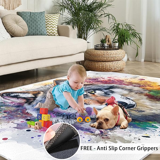 Wolf Rugs for Bedroom - 5x7 Area Rug - Graffiti Wolf Rugs for Living Room, Abstract 3D Animal Graffiti Rug, Washable Home Decor Carpet