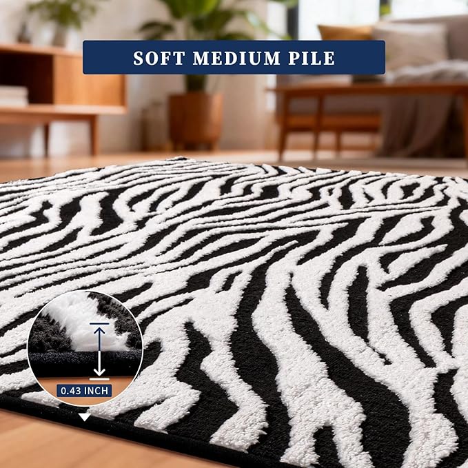 YIHOUSE 8×10 Ft Area Rugs, Black and White Modern Abstract Rug, Washable Plush Soft Zebra Print Carpet, Non-Slip Non-Shedding Rug for Grand Room, Bedroom, Dining Room, Nursery, Home Decor