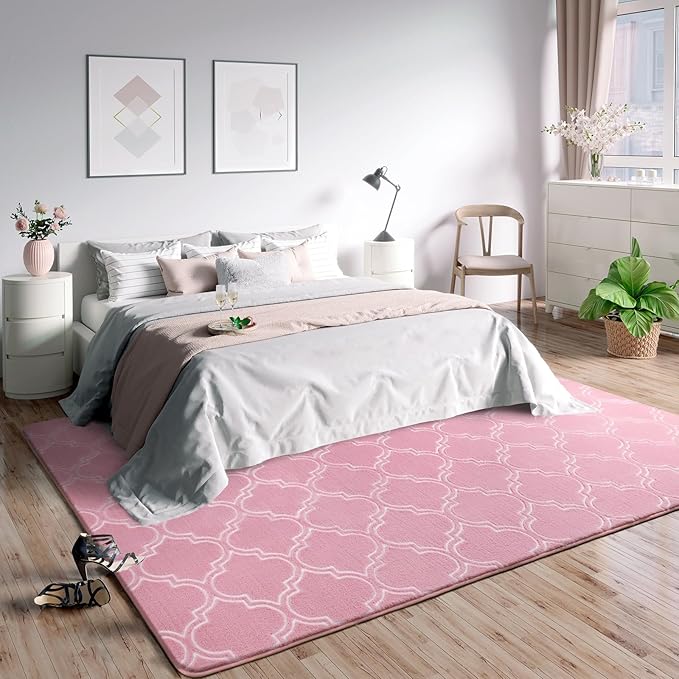 Amearea Fluffy Indoor Area Rug, Soft Trellis Moroccan Rugs for Bedroom, Shag Modern Area Rug for Living Room Kids Room Nursery, Easy Clean, Home Decor Low Pile Carpet, Pink 5x7 Feet