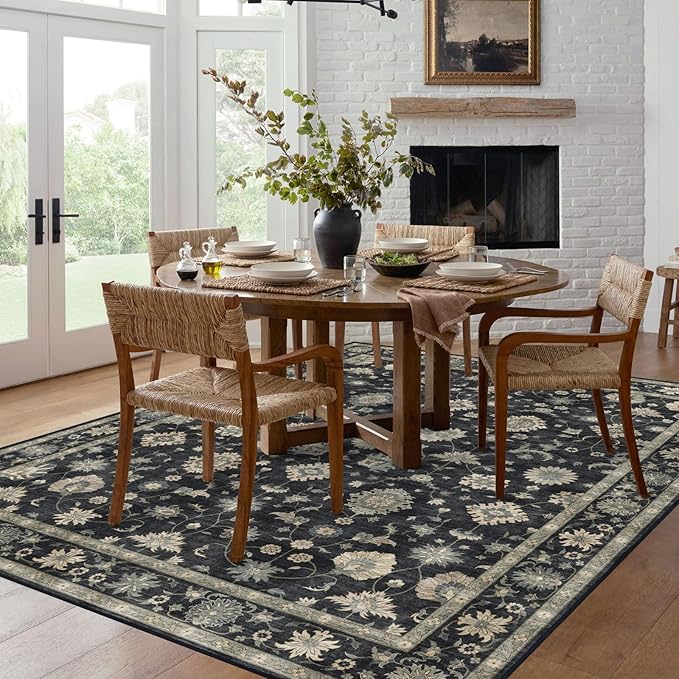 Area Rugs 9x12 Living Room - Large Washable Charcoal Black Boho Rugs for Bedroom Soft Vintage Rug Ultra-Thin Traditional Floral Carpet Moody Farmhouse Rug for Dining Room Guest Room Home Decor