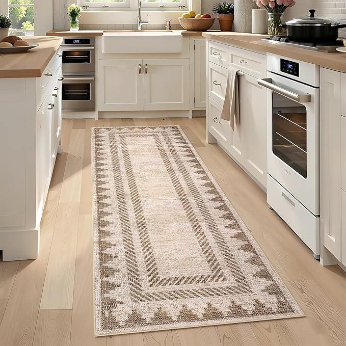 Bordered Printed Non Slip 2x6 Runner Rugs for Hallway Modern Geometric Washable Soft Long Kitchen Rug Stain Resistant Foldable Indoor Rug for Entryway Bedroom, Beige Brown