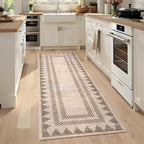 Bordered Printed Non Slip 2x6 Runner Rugs for Hallway Modern Geometric Washable Soft Long Kitchen Rug Stain Resistant Foldable Indoor Rug for Entryway Bedroom, Beige Brown