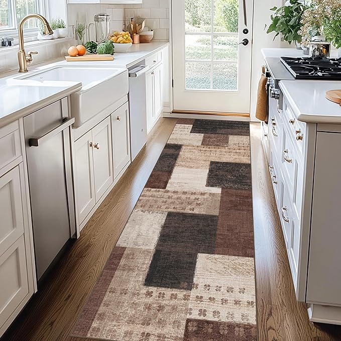 Modern Geometric Patchwork Indoor Runner Rug for Living Room, Chocolate 2'x 6' Rug Rockwood Collection Hardwood Floors Decor for Bedroom, Brown Throw Carpet for Office Entryway Dining Room