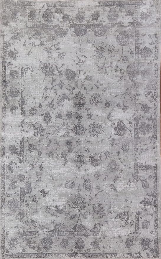 Rug Source Modern Collection, 5x8 Abstract Rug, Hand Knotted Greys & Charcoal Floral Rug, Oriental 100% Silk Carpet for Foyer, Entryway and Hallway