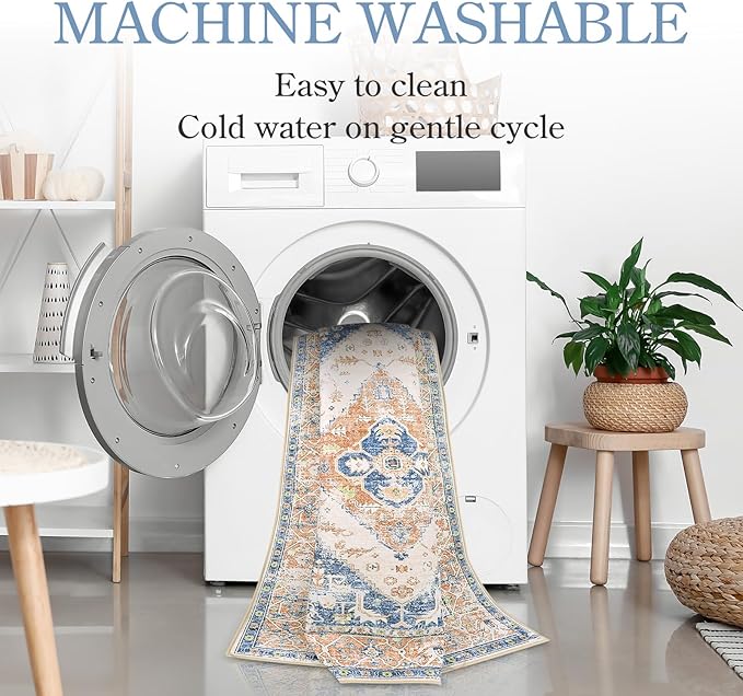 Lahome Boho Small Entryway Rug - 2x3 Non-Slip Washable Rugs for Kitchen Oriental Throw Ultra-Thin Area Rugs for Bedroom Accent Distressed Blue Floor Doormat Carpet for Bathroom Laundry Living Room
