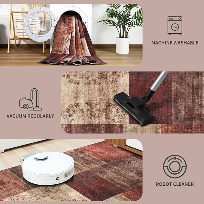DweIke Washable Area Rugs for Living Room, 4x6 Soft Bedroom Rugs, Geometric Print Non-Slip Modern Rug, Stain Resistant Throw Carpets for Office Nursery Dining Room Home Dorm Decor, Red