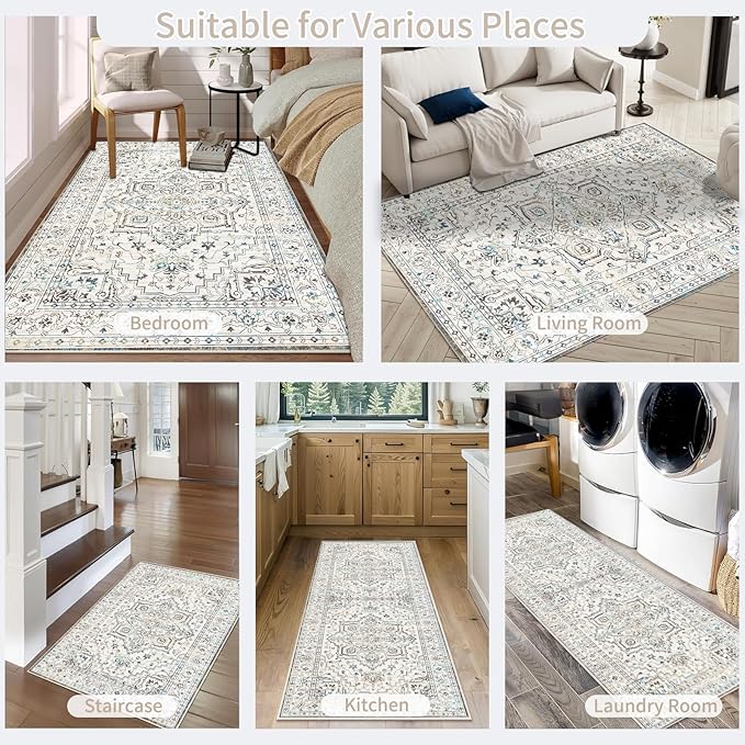Enkor Area Soft Rugs 4x6 Washable Non Slip Boho Floor Rugs for Living Room Bedroom, Vintage Style Farmhouse Mat for Kitchen Entryway White & Grey
