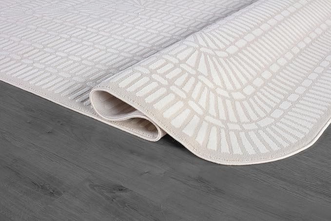 Beverly Rug Modern Geometric Area Rug 4x6 Low-High Pile Durable Soft Abstract Grid Indoor Rugs for Living Dining Room Office Stain Resistant Non Shedding Casual Indoor Carpet Beige White 4 x 6