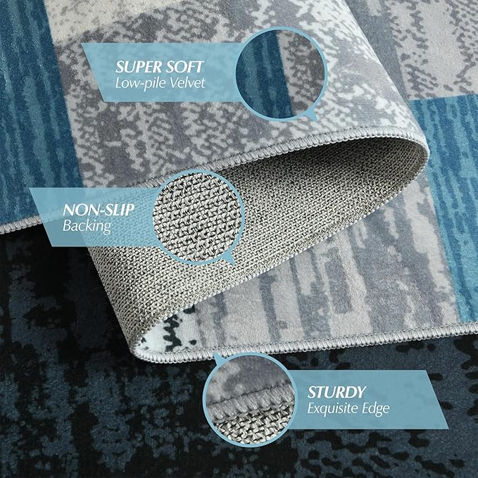 Large Area Rugs,Modern Geometric Patchwork Floor Decor for Bedroom Aesthetic Carpet, Rockwood Collection, Indoor Rugs for Living Room, Dining Room, Nursery, Office, Machine Washable Rug,4x6 Ft Blue