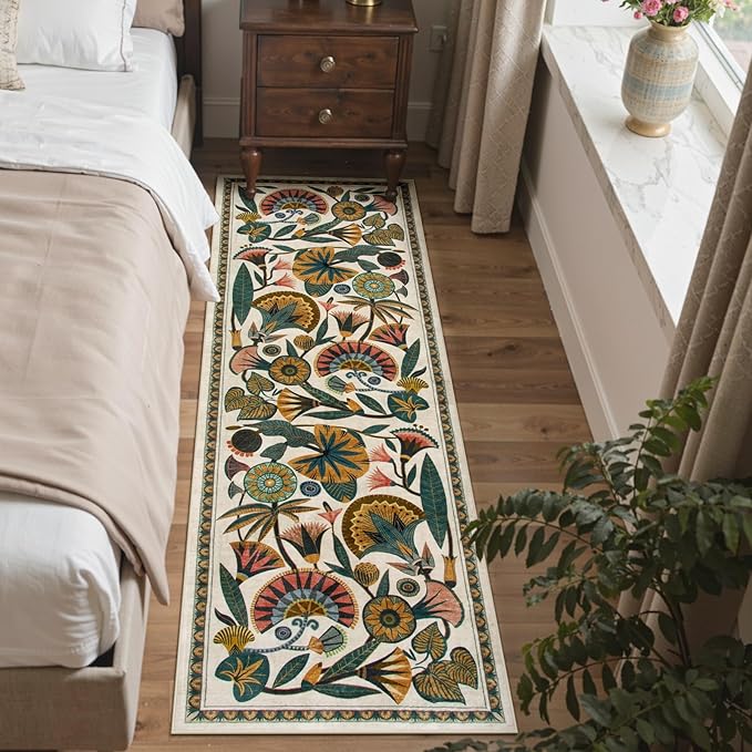 Washable Kitchen Runner Rug, Floral 2x6 Rug Runners for Hallways, Washbale Non Slip Beige Rugs, Soft Low Pile Carpet for Bedroom Entryway Laundry Room