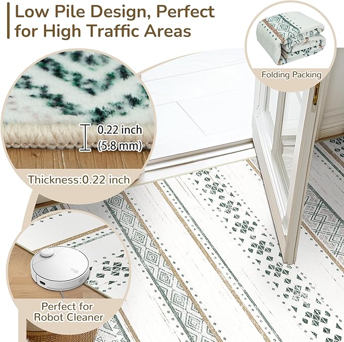 BESTSWEETIE 4x6 Area Rugs for Living Room Washable Moroccan Farmhouse Neutral Geometric Low Pile Non-Slip Soft Print Pattern Rug for Bedroom Kitchen Dining Room Entryway Green/Brown