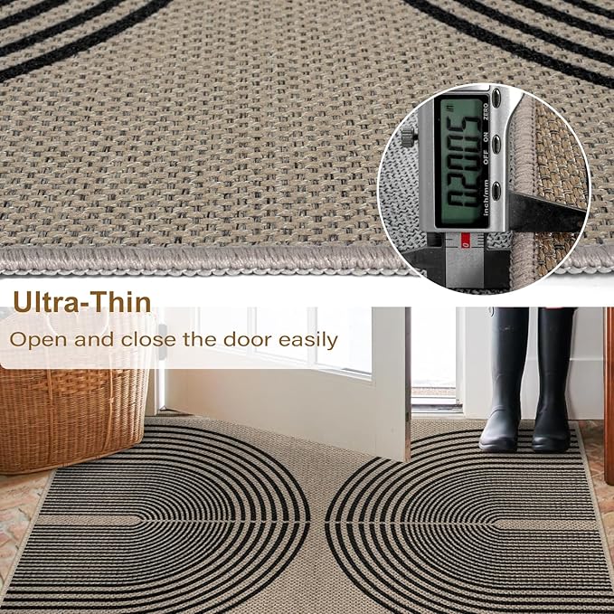 Easy Jute Rainbow Entryway Rug, 2x3 Washable Non-Slip Indoor Outdoor Doormat, Black Nature Boho Farmhouse Small Kitchen Rug Modern Abstract Throw Rugs for Entrance Bedroom Bathroom
