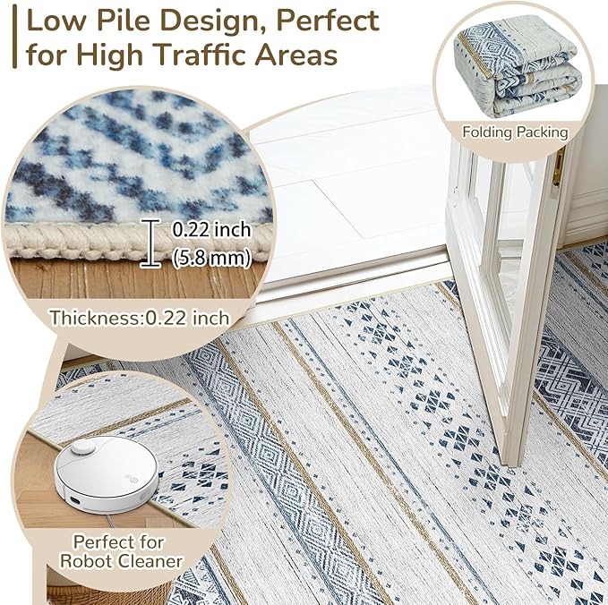 BESTSWEETIE 2x8 Area Rugs for Living Room Washable Moroccan Farmhouse Neutral Geometric Low Pile Non-Slip Soft Print Pattern Rug for Bedroom Kitchen Dining Room Entryway Blue/Brown