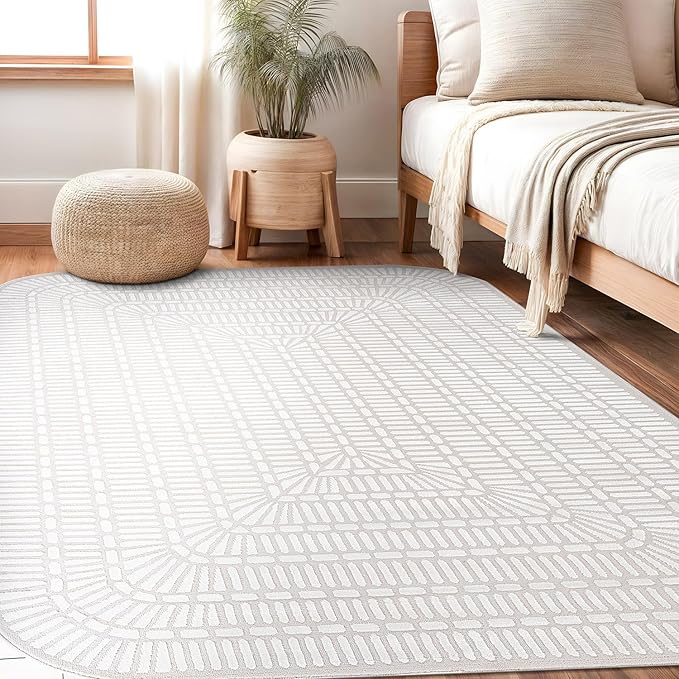 Beverly Rug Modern Geometric Area Rug 5x7 Low-High Pile Durable Soft Abstract Grid Indoor Rugs for Living Dining Room Office Stain Resistant Non Shedding Casual Indoor Carpet Beige White 5 x 7