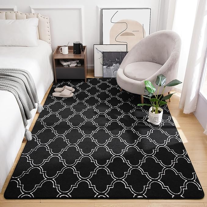 Amearea Fluffy Indoor Trellis Rug, Soft Moroccan Home Rugs for Bedroom, Shag Modern Area Rug for Living Room Kids Room Nursery, Easy Clean, Home Decor Low Pile Carpet, Black 4x6 Feet
