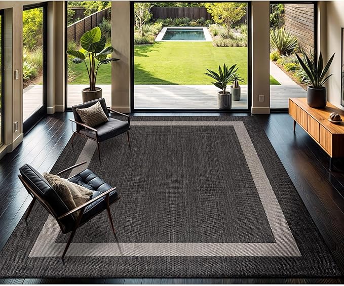 CAMILSON Outdoor Rug 8x10,Modern Outside Rugs for Patios Porches Waterproof Durable Washable Non-Shedding, Easy-to-Clean Indoor Outdoor Area Carpet (8 x 10, Bordered - Dark Gray/Light Gray)