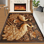 Peacock Rugs for Bedroom - 5x6 Rug, European Style Area Rugs for Living Room, Peacock Decor Carpet, Gold Peafowl Washable Area Mat, Luxury Carpet - Peafowl Home Decor & Gifts