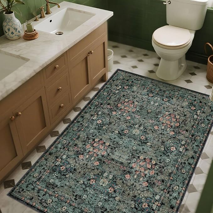 Large Moody 3x5 Rugs for Entryway Indoor, Dark Green Washable French Country Inspired Non Slip Area Rug for Dorm, Kitchen, Bedroom Bedside, Foyer, Laundry Room - Boho Distressed Floral Front Door Mat