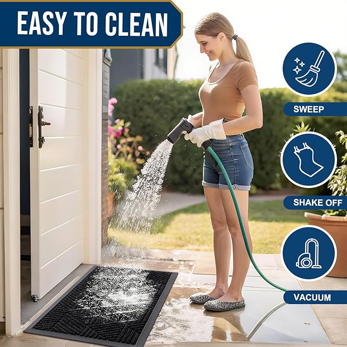 Kitinjoy Front Door Mat Outside Entrance, Sturdy Natural Dirt Trapper, Heavy Duty Rubber Doormat, Low Profile Non-Slip Backing, Easy Clean Floor Mat for Indoor Outdoor Entry, 35X23 Inch, Black