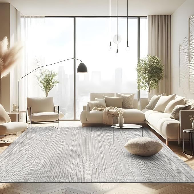 CAMILSON Micro Loop Rug 8x10 Modern Luxury Geometric Pattern Area Rugs Soft High and Low Pile Stain Resistant Easy-Cleaning Non-Shedding for Living Room Office Indoor Carpet (8 x 10 / White)