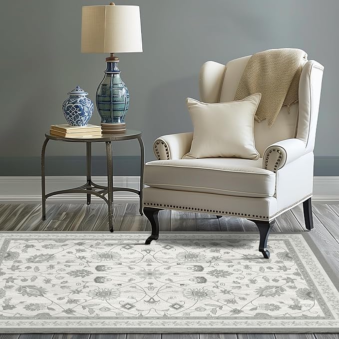 EVERGRACE Area Rugs for Living Room 4x6, Boho Floral Faux Wool Indoor Outdoor Rugs, Washable Rugs for Bedroom Entryway Dining Room Hallyway, Low Pile Floor Mat Carpet for Home Decor, Cool Gray