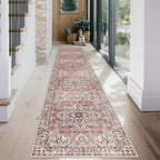 KOZYFLY Runners for Hallways 2x12 Ft Extra Long Washable Kitchen Runner Rug Boho Entryway Rug for Hallways Indoor Printed Faux Wool Stair Runner Carpet for Stairs Kitchen Hall, Terracotta/Beige