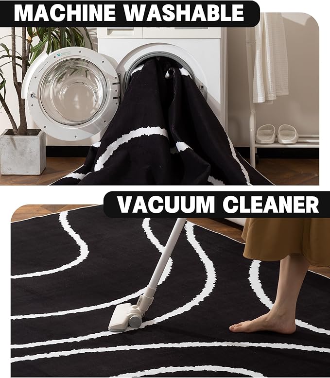 YIHOUSE Black Modern Area Rugs 8x10,Large Black and White Rugs for Living Room,Wave Washable Rug 8x10,Thin Abstract Geometric Rug,Minimalist Striped Rugs for Bedroom,Office