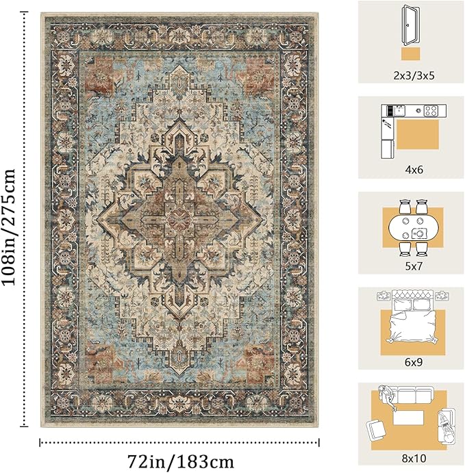 6x9 Machine Washable Area Rug for Living Room, Blue Beige Boho Vintage Floral Rug Large Non-Slip Low Pile Soft Faux Wool Carpet, Kids and Pets Friendly for Bedroom Dining Room Farmhouse Decor Rug