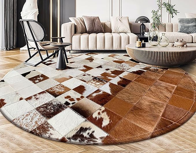 Handmade Pure Cowhide Round Leather Rug for Living Room Bedroom Rug (9X9)