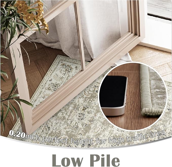jinchan Fiora Runner Rug 2x5 Washable Hallway Runner- Vintage Floral Non Slip Low-Pile Soft Thin Kitchen Rug Distressed Carpet for Farmhouse Bedroom Entryway Laundry Room(2x5ft, Taupe)