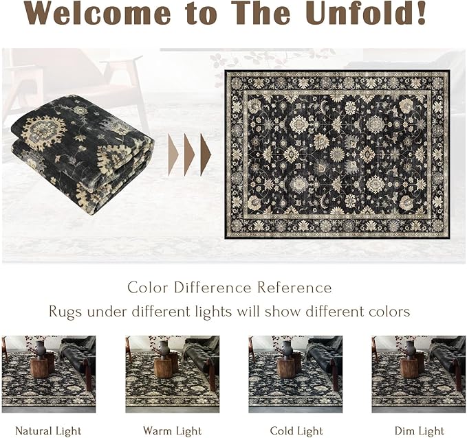 3x5 Washable Area Rug - Small Entryway Rug Non-Slip Charcoal Black Vintage Traditional Floral Kitchen Rugs Low Pile Boho Entry Carpet Throw Rugs for Living Room Bedroom Bathroom Entrance Office