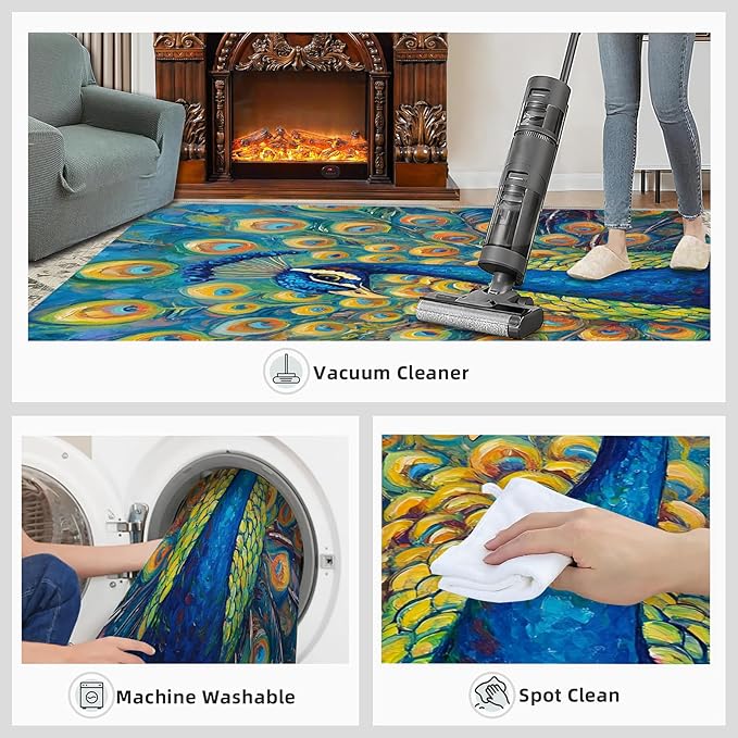 Peacock Area Rug 8x10-8x10 Rug, Wonderful Peacock Rugs for Living Room, Teal Turquoise Carpet, Peafowl Washable Area Rugs for Bedroom, Aesthetics Carpet - Peafowl Home Decor & Gifts