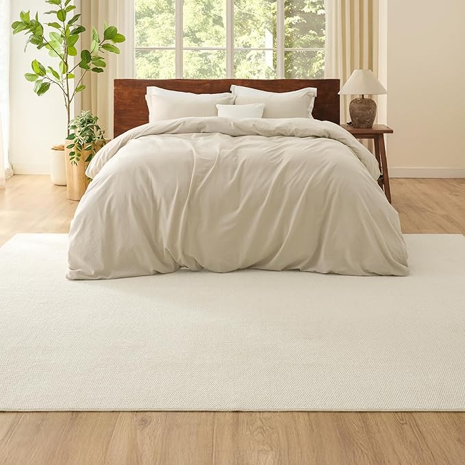 Bedsure 9x12 Faux Wool Area Rugs for Living Room, Machine Washable Carpet, Non-Slip Backing, Pet Friendly Throw Rug for Bedroom Dining Room, Linen