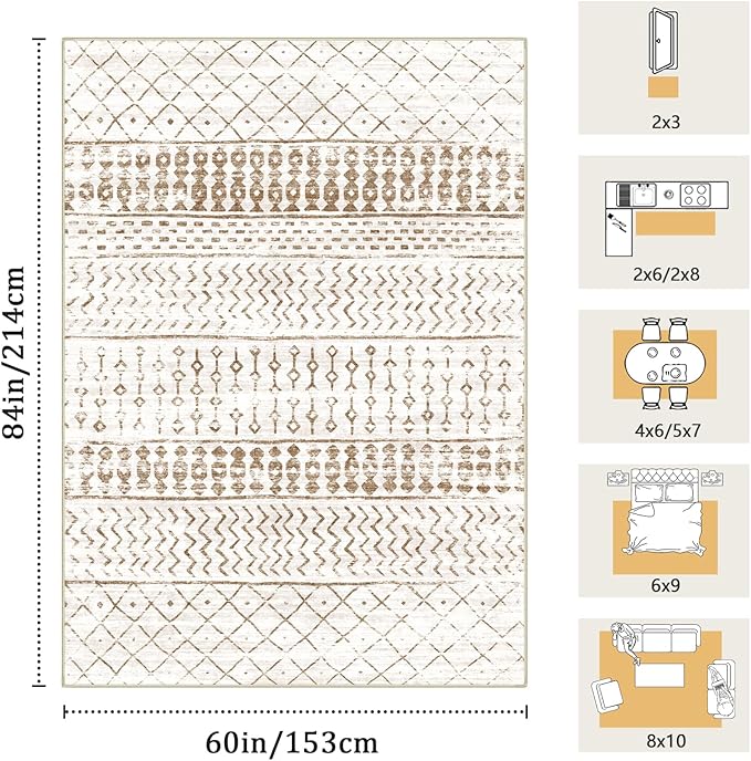 5x7 Machine Washable Area Rug for Living Room, Brown White Vintage Moroccan Rug Large Non-Slip Low Pile Soft Faux Wool Carpet, Kids and Pets Friendly for Bedroom Dining Room Farmhouse Home Decor Rug