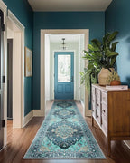 Area Rugs 2'x8' Washable Non-Slip, Floral Vintage Distress Print Pattern Medallion Carpet for Living Room Bedroom Dining Room, Teal Green Lake Blue Turquoise