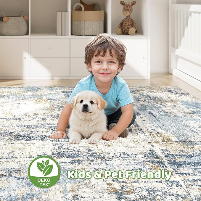 6x9 Area Rugs Washable Rug: Large Abstract Modern Soft Stain Resistant Indoor Floor Non Slip Accent Carpet for Living Room Bedroom Nursery Playroom Dining Room Office Dorm Home House- Light Blue