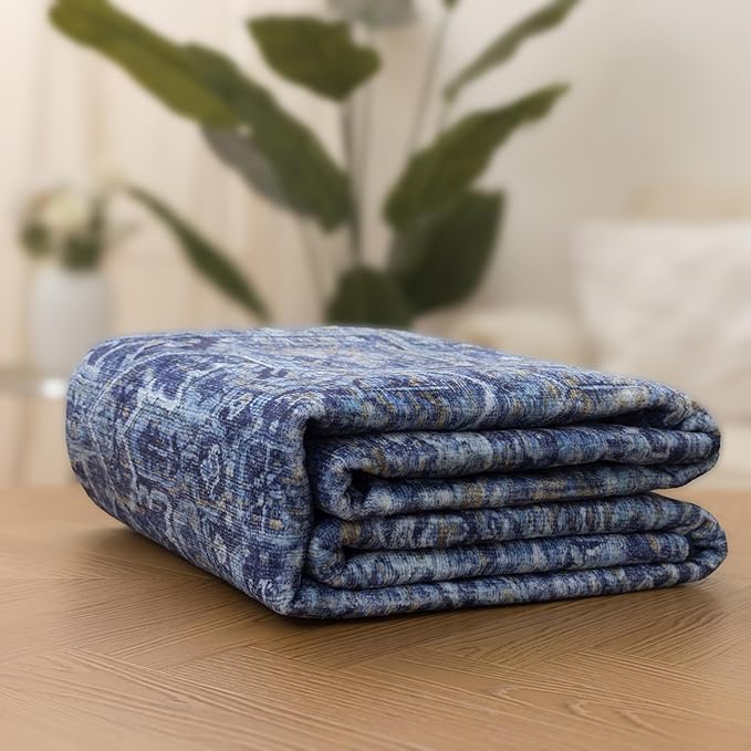 ReaLife Rugs Machine Washable Area Rug Runner - Living Room Bedroom Bathroom Kitchen Entryway Office - Padded Low Pile Stain Resistant Premium - Boho Vintage Traditional - Lyle - Blue 3' x 5'